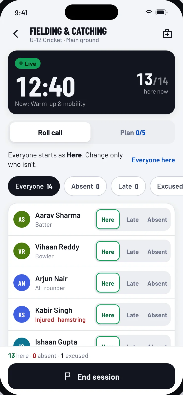 Coach app attendance: each athlete marked present, absent or late, with live counts