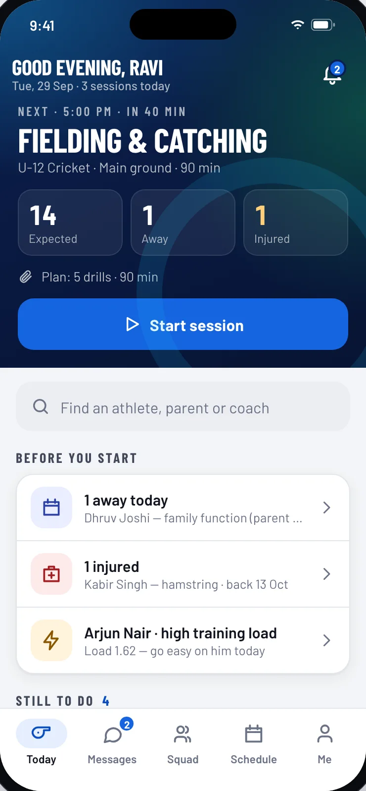 Coach app: today's alerts and tasks, such as taking attendance and logging a match result