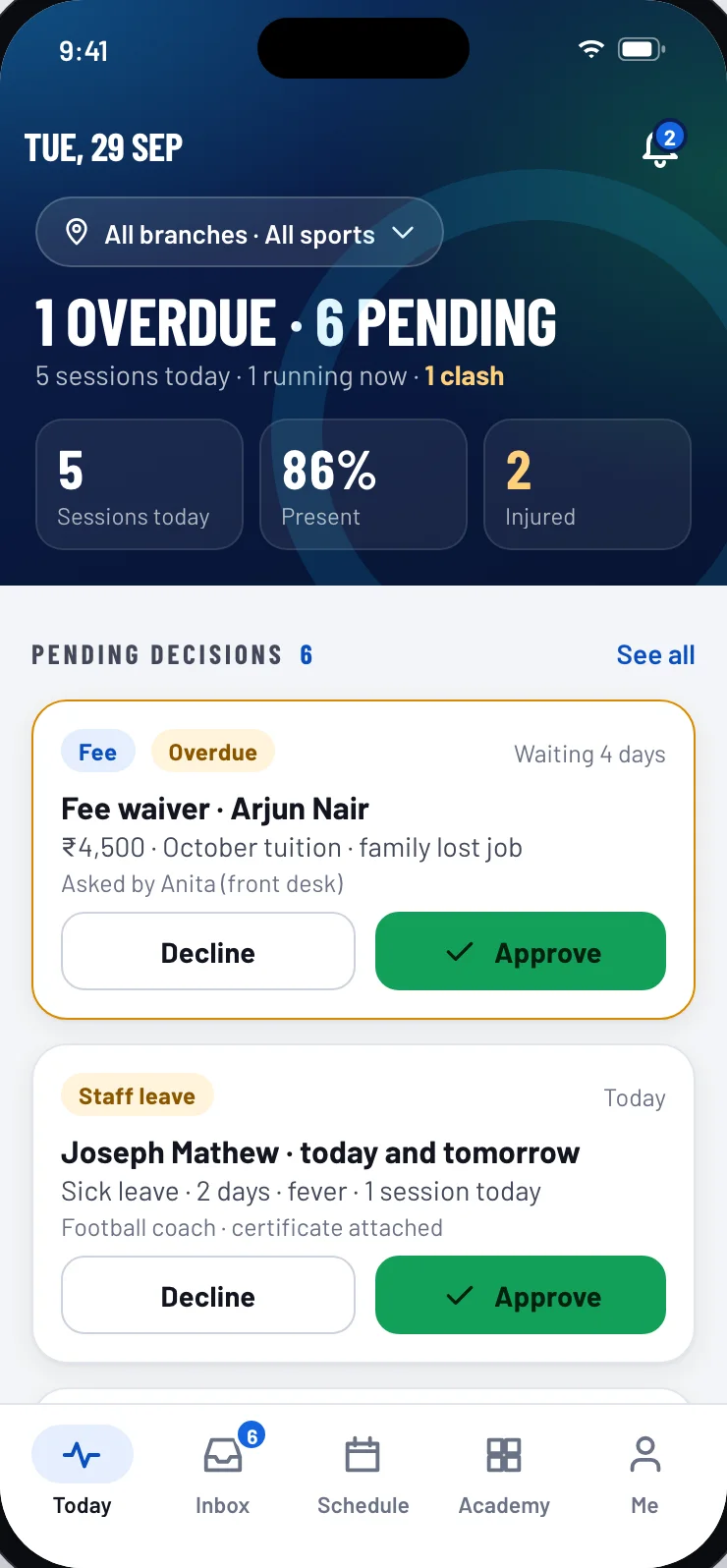 Admin app Today screen: overdue and pending items, today's sessions and decisions waiting for approval