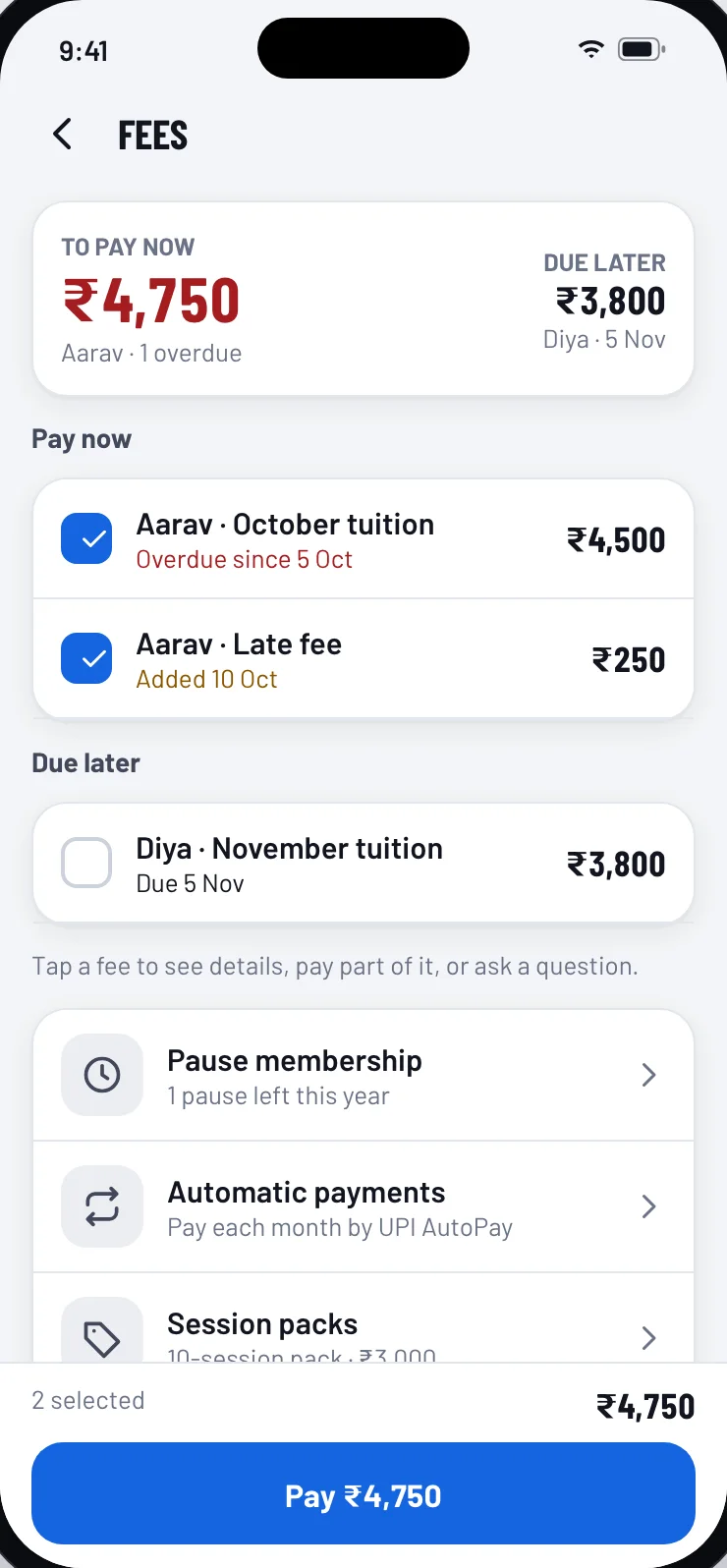 Parent app fees: the amount to pay now and a button to pay it