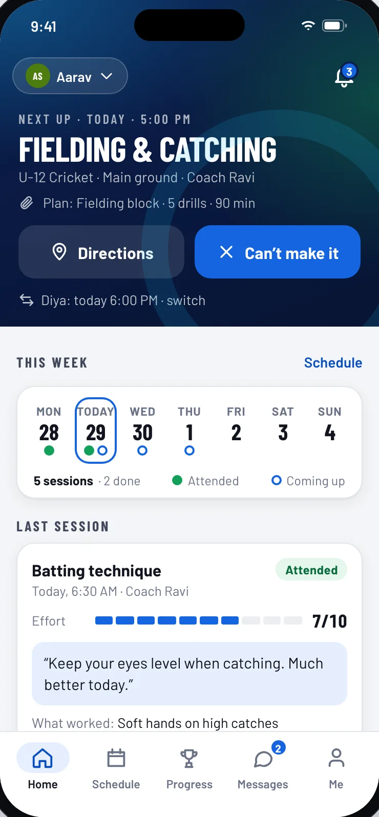 Parent app home: the next session, this week's sessions and the last session with the coach's note