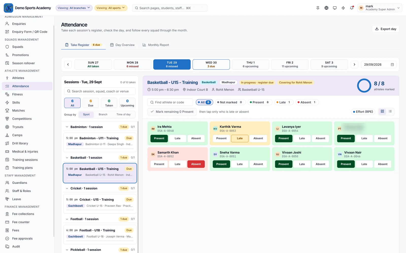 Attendance register in the web console: sessions of the day, and each athlete marked present, late or absent
