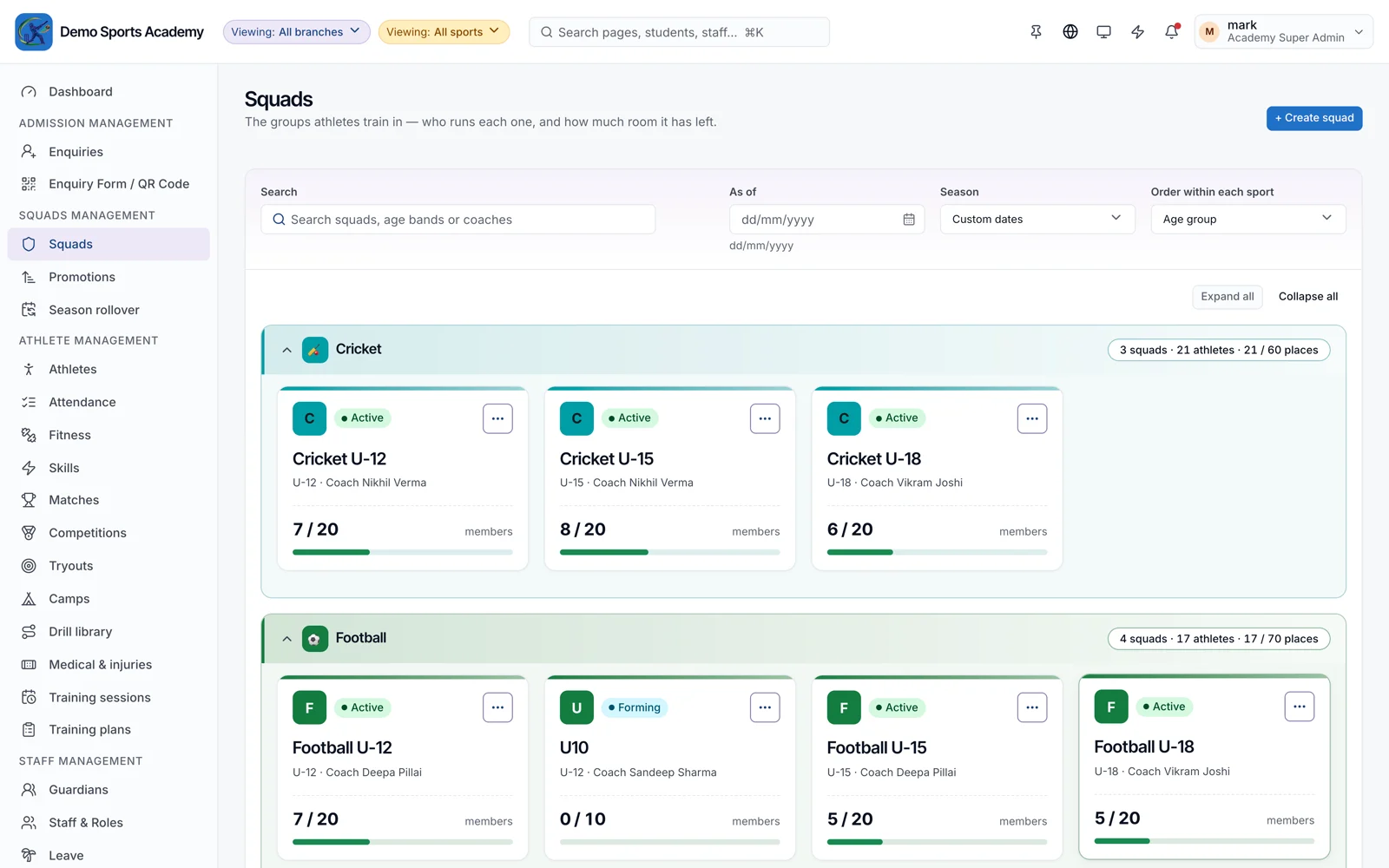Squads in the web console, grouped by sport, with coach and places filled for each age group